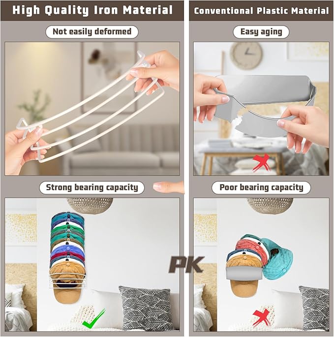 Hat Organizer for Baseball Caps, 2-Pack Beige White Metal Hat Rack Ball Cap Storage Organizer Hold Up to 30 Caps Hat Holder for Wall Door Closet, Wall Mounted & Adhesive Installation Option