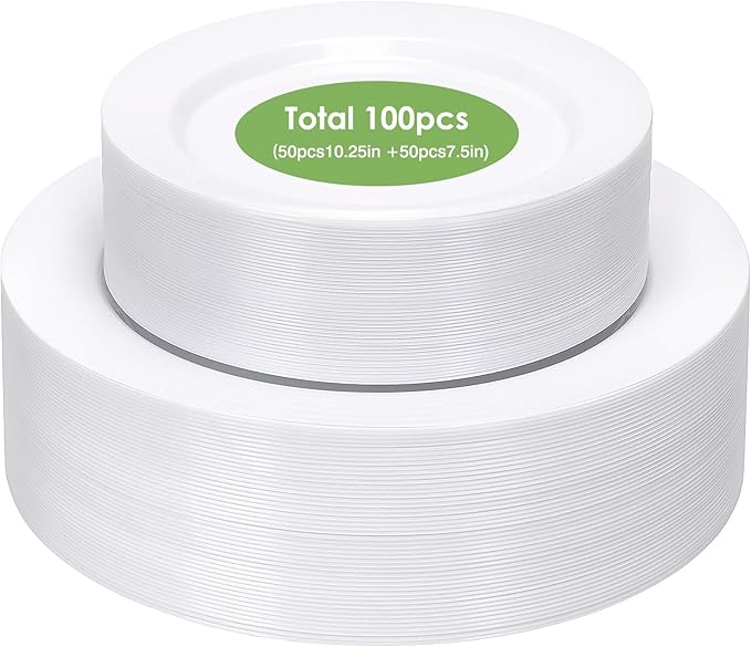 Moretoes 100PCS White Plastic Plates Disposable 10.25inch Dinner Plates and 7.5inch Dessert Salad Plate Heavy Duty Plate for Wedding Party and Birthday