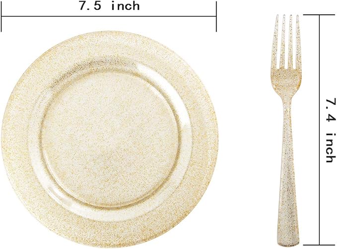 I00000 72 Pieces Plastic Dessert Plates 7.5" & 72 Pieces Gold Disposable Forks 7.4" with Gold Glitter, Gold Disposable Plates, Plastic Salad Plates for Birthday, Wedding & Party