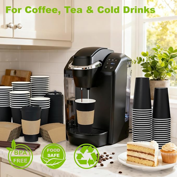 100 Pack 16 oz Disposable Coffee Cups with Lids and Sleeves, To Go Coffee Cups with Lids, Leak-Proof Hot Coffee Cups, PLA Black Paper Coffee Cups for Hot Beverage