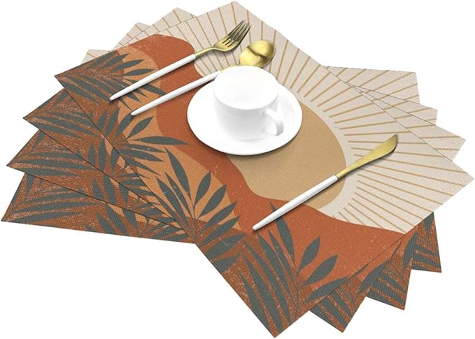 Mid Century Boho Sunset Placemats Vintage Farmhouse Abstract Plant Mountain Sunset Washable Place Mats 12x18Inch for Dining Kitchen Farmhouse Decor 6 PCS
