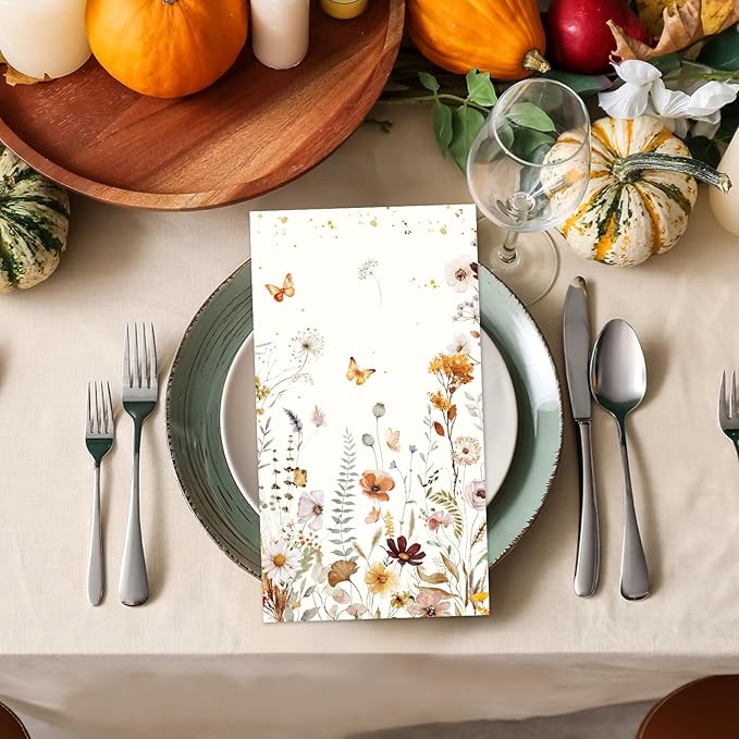 Fall Floral Paper Napkins - 100 Pcs 7.9 x 4.3 in Autumn Wildflower Napkin Decorations Set, Wild Floral Disposable Hand Towels, Birthday Wedding Bridal Shower Thanksgiving Party Supplies Decor