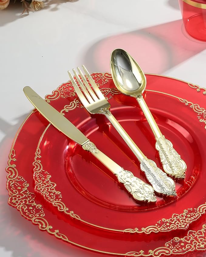 Goodluck 350 Piece Red Dinnerware Set for 50 Guests, Fancy Disposable Plates, Include: 100 Red Rim Plastic Plates, 150 Silverwares, 50 Pre Rolled Napkins, 50 Cups for Party, Wedding