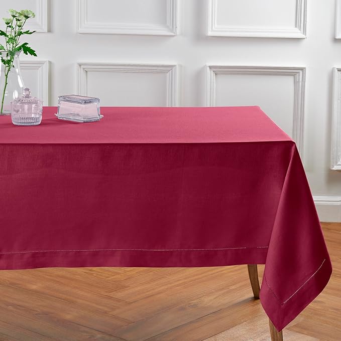 Solino Home Linen Beet Tablecloth 60 x 132 Inch - Classic Hemstitch, 100% Pure Linen Rectangular Tablecloth - Machine Washable Table Cloth for Valentines, Easter