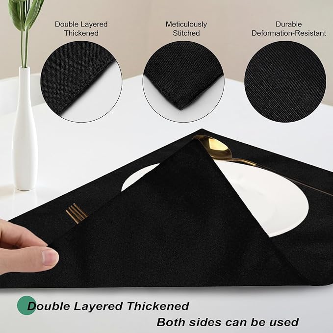 Cloth Placemats Set of 4, Cotton Linen Blend Machine Washable Double Layered Durable Place Mats Heat Resistant Placemats Wrinkle Free Thick Fabric Dining Table Mats (Black, 4)