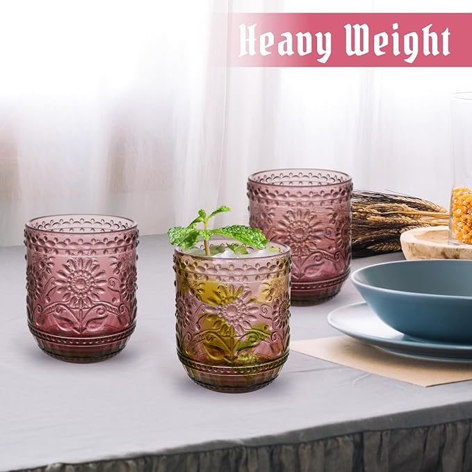 Topsky Vintage Drinking Glass Set of 6,12 oz Embossed Floral Decorative Glassware Set,Glass Cups Wine Glasses Beverages Tumblers Colored Glassware for Whisky,Beer,Juice,Cocktail,Heavy Duty