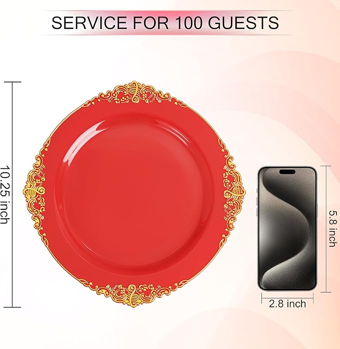 Nervure 100PCS Red and Gold Plastic Plates - 10.25inch Red Disposable Plates - Heavyweight Dinner Plate for Wedding & Party