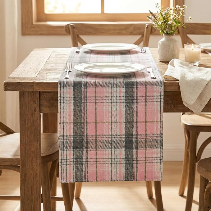 Artoid Mode Pink Grey Farmhouse Plaid Spring Table Runner, Winter Rustic - Image 2