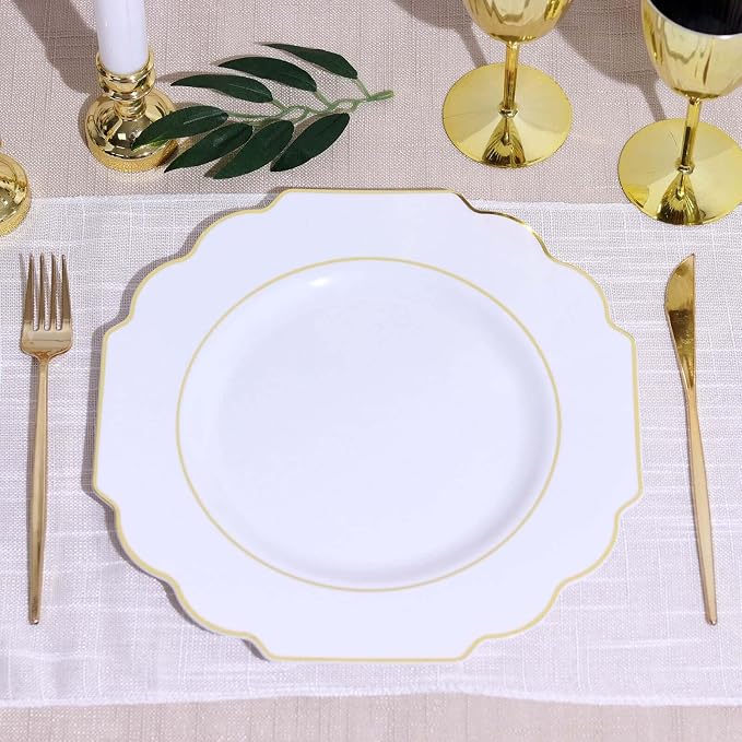 White Hard Plastic Dinner Plates, 50 Pack 11" Disposable Round Baroque Plates by TCFLinen