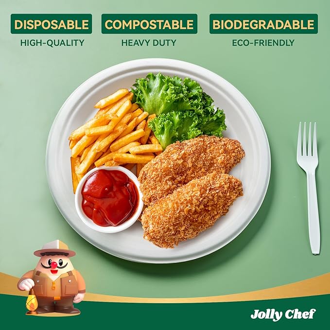 JOLLY CHEF Compostable Heavy Duty Plates 𝟭𝟬 𝗜𝗻𝗰𝗵 [𝟭𝟱𝟬 𝗣𝗮𝗰𝗸] Eco-Friendly Disposable Uncoated Paper Plates Bagasse Biodegradable Bulk for Party Dinner Hot Cold Food Christmas (White)