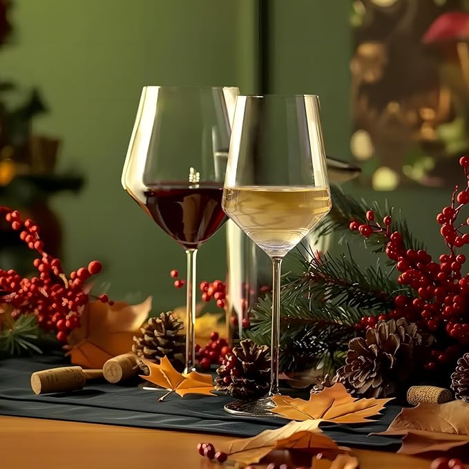 Physkoa Wine Glass Set of 4 – 2 Red Wine (23oz) & 2 White Wine (14oz) Hand-Blown Crystal Glasses with Corkscrew, Perfect for Christmas, Wedding & Housewarming Gifts