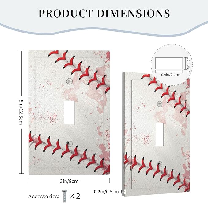 Decorative Light Switch Cover Baseball Sports Ball Game 1 Gang Wall Plate Cover Single Toggle Outlet Covers Switchplate Electrical Faceplate for Bathroom Bedroom Decor（2 Pack）