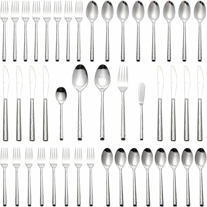 45-Piece Forged Hammered Stainless Steel Flatware Cutlery Set for 8, SXY INOX Includes 8 sets and 1 Butter Knife,1 Serving Tablespoon,1 Cold Meat Fork,1 Pierced Tablespoon,1 Suger Spoon