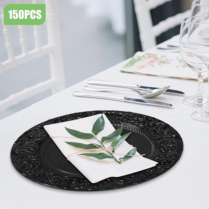150 Pcs Charger Plates Set, Round Charger Plates, Reusable Serving Plates Embossed Rim Plastic Chargers Plate Decorative Round Plate Chargers for Dinner Plate Table Wedding Shower Decoration