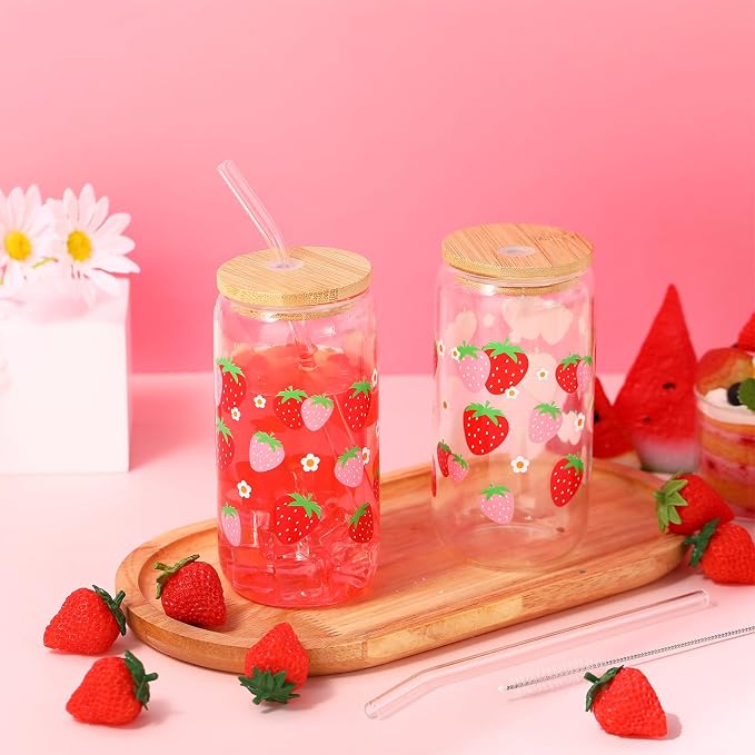 Sliner 2 Pcs Strawberry Glass Cups Summer Drinking Glasses 16 oz Iced Coffee - Image 2