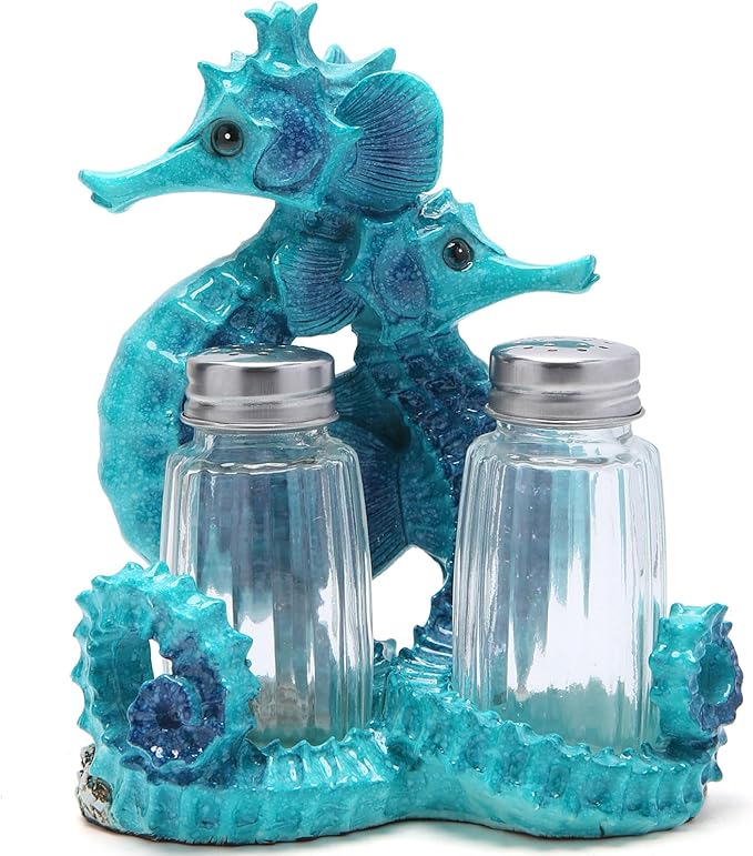 Hodao Seahorse With Salt and Pepper Shaker Figurines Decorations Set with Holder Figurine for Beach Bar or Tropical Kitchen Decor Table Decorations By Home Gifts (Seahorse-Blue)