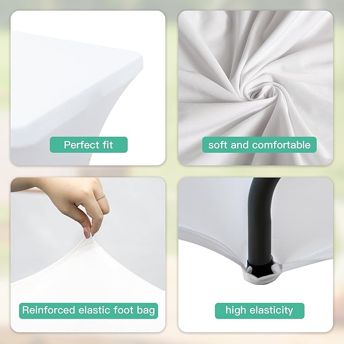 2Pack 8FT Table Cloth for Rectangular Fitted Events Stretch White Table Covers Washable Spandex Tablecloth Protector for Party, Wedding, Cocktail, Banquet, Festival