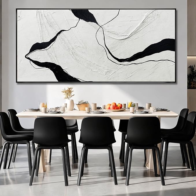Extra Large Black Line Abstract Hand Painted Canvas Wall Art Gray and Black Minimalist Modern Painting with Framed for Living Room Bedroom Office Wall Decor 40x88 Inch