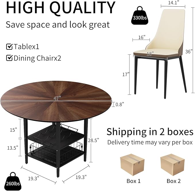 VFK 47" Round Dining Table Set with Storage Steel Legs & Sunburst Design, 5-Piece Modern Wooden Kitchen Set for 4-6 People, Includes 4 Comfortable Chairs for Dining Room, Living Room or Kitchen
