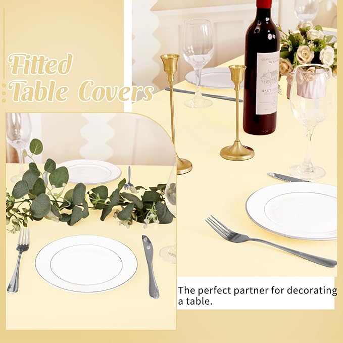 HAISIWLKJ 6 Pack Table Cloth 8ft Beige Tablecloths for Rectangle Folding Table Spandex Fitted Stretch Cover Wrinkle Resistant Washable Protector for Party, Wedding, Banquet, Festival.