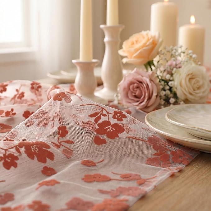 Artoid Mode Caramel Gauze Flocking Flowers Table Runner 10FT, Fall Sheer Dining - Image 7