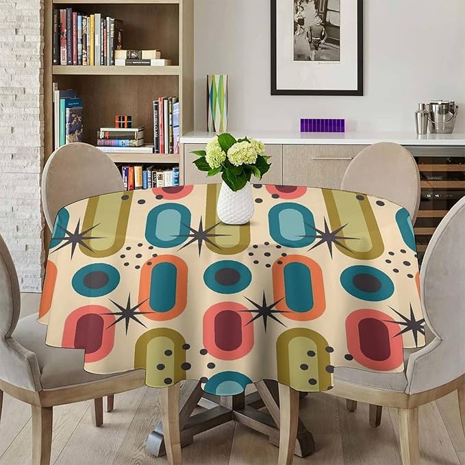 Mid Century Bohemian Round Tablecloth, Modern Medieval Geometric Abstract Print Tablecloth for Home Party Dining Room Kitchen Decor 50Inch(127cm)
