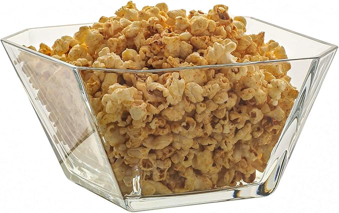 LAV Clear Glass Serving Bowl for Salad, Popcorn, Fruits 64.25 oz, Unique Geometric Squared Shape, Modern Design for Your Servings, Great Choice for Casual Gatherings and Family Dinners