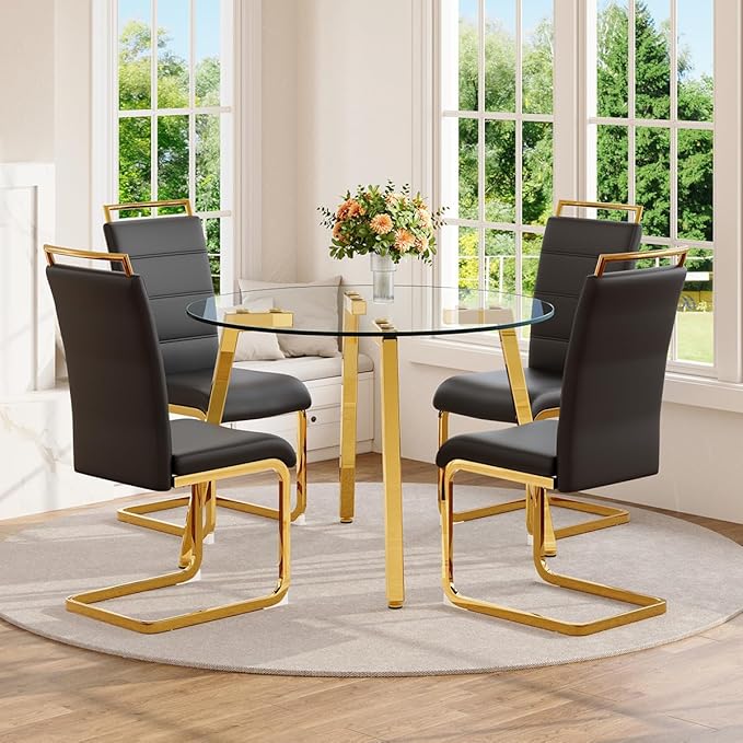 42" Round Glass Dining Table Set for 4,Modern Breakfast Table Set for 4 with Luxury Gold Chrome Legs,Space Saving Kitchen Table and Black Chairs for Apartment,Easy Assembly