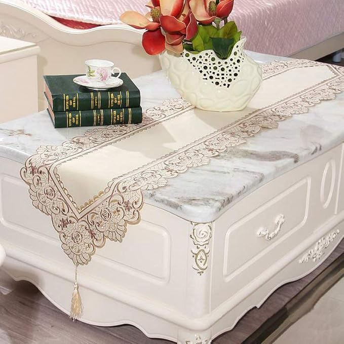 LeLehome 15 X 104 Inch Table Runner, Flowers Embroidered Beige Floral Dresser - Image 9