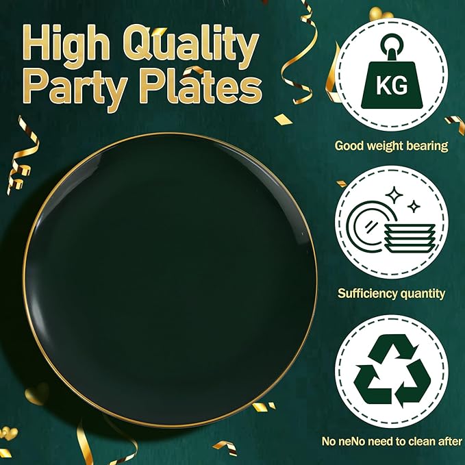 bUCLA 100PCS Green Plastic Plates - Heavy Duty Green Disposable with Gold Rim Include 50 Dinner 10 inch & 50 Dessert 7 inch Plates, Ideal for Party & Christmas