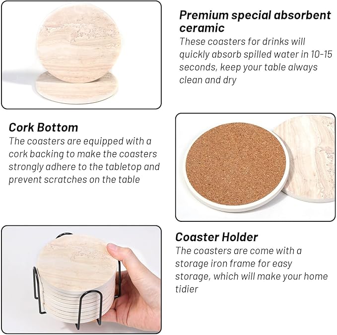 9 Pieces Ceramic Coasters for Coffee Table Absorbent, Billbotk Drink Coasters with Holder, Marble Style Coasters for Wooden Table, Home Decor, Suitable for Kinds of Cups, 4 Inches