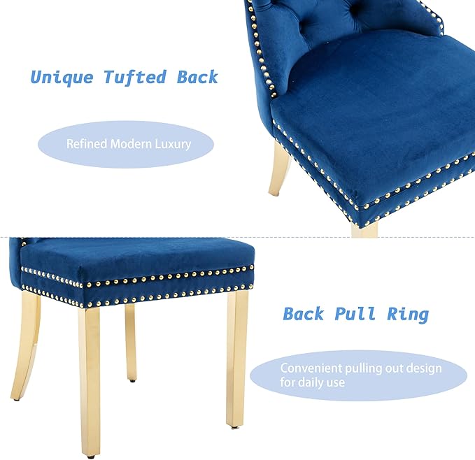 KCC Velvet Dining Chairs Set of 6, Upholstered High-end Tufted Dining Chair with Nailhead Back Ring Pull Trim Stainless Steel Legs, Contemporary Nikki Collection Modern Style for Kitchen, Blue