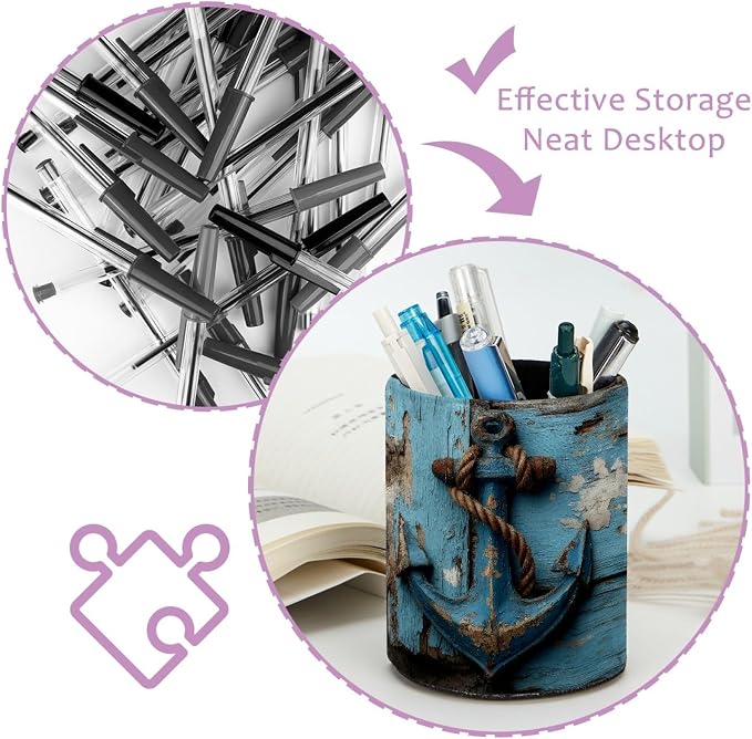Leather Pen Holder for Desk, Retro Anchor Pencil Cup Pen Organizer Makeup Brush - Image 4