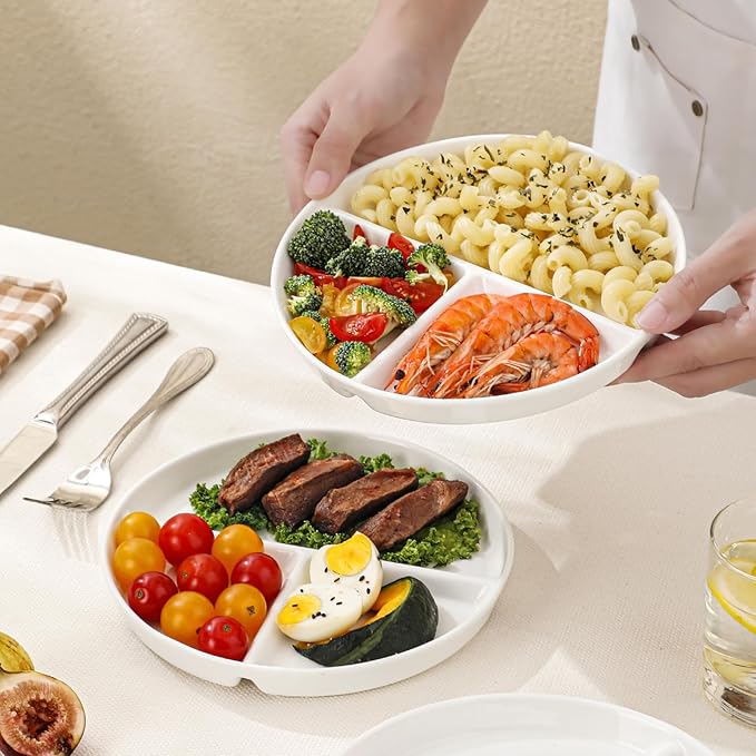 8" Ceramic Divided Plates Set - 4Pcs, Portion Control Plate, Bariatric Plate for Kids Adults, 3 Compartment Plates, Dinner Plates for Balanced Meal, Oven, Dishwasher Safe, White