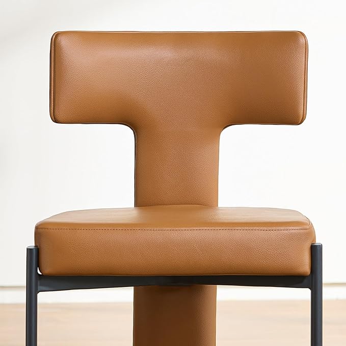 Brown Dining Chairs Set of 2,Faux Leather Dining Chairs with Soft Cushion,Comfortable Upholstered Armless Dining Room Chairs with Curved Plywood Back