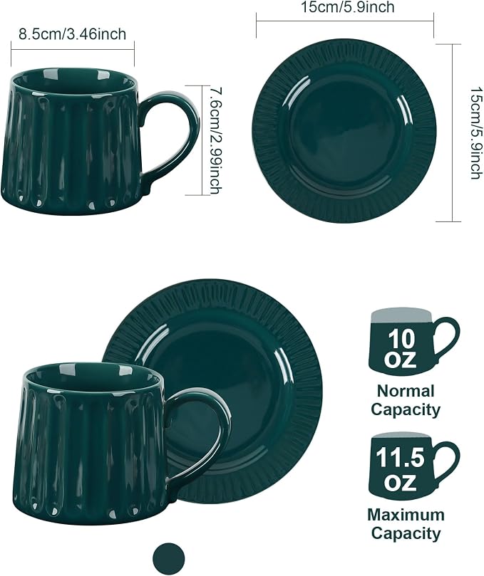 Ceramic Cup and Saucer Set, 11.5 oz Coffee Cups - Image 2