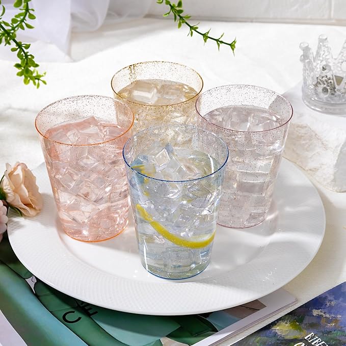 DaYammi 100 Pack 10 Oz Plastic Cups Glitter Disposable Cups in Assorted Colors,Plastic cups with 4 Colors, Disposable Wine Glasses Heavy Duty disposable Tumblers Drinking Cocktail Glasses for Party