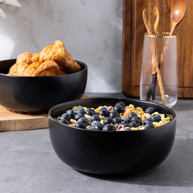 AmorArc Stoneware Cereal Bowls for Kitchen, 28oz Large Ceramic Soup Bowls Set of 4 for Meal, Oven, Microwave&Dishwasher safe Kitchen Bowls with Wavy Rim, Matte Black