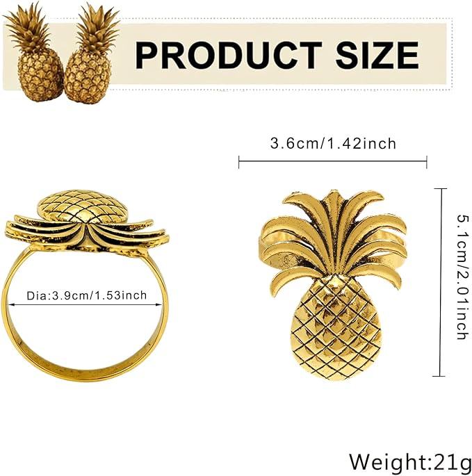 Gold Pineapple Napkin Rings Set of 12 Tropical Fruit Napkin Holders - Image 3