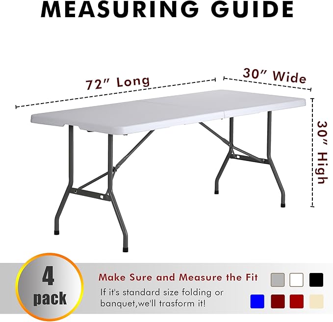 Nasitos 4 Pack White Tablecloth Fitted for 6 Foot Rectangle Tables-Open Back Table Cover Washable and Wrinkle Resistant Table Cloth for Parties, Wedding, Banquet, Jewelry Shows, Craft Fair, Trade Show