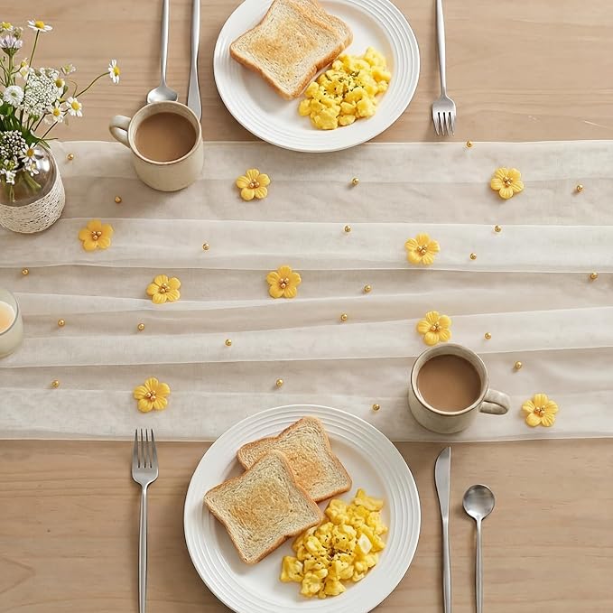 Artoid Mode Yellow Flower Pearl White Gauze Table Runner 10FT 6PC, Seasonal - Image 4