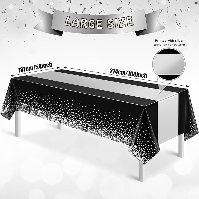 12Pcs Black Silver Tablecloth Party Decorations, Plastic Black Table Cloth - Image 2
