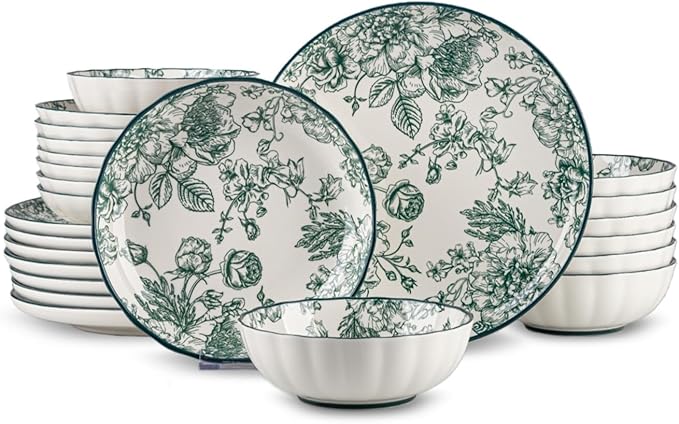 24-Piece Dinnerware Set Service 8, Porcelain Plates and Bowls Set, Vintage by FANGJING