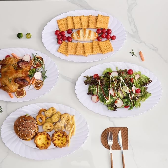 U-QE 25 Pieces Oval White Plastic Plates Disposable Heavy Duty - 15.6inch Large Plates Disposable Plastic Dinner Plates - Oval White Disposable Plates for Party, BBQ, Picnic and Weddings