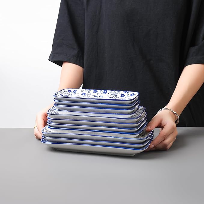 Selamica Rectangular Salad Plates, 7.1 Inch Dessert Plates Ceramic, Small Plates for Appetizer, Snack, Sushi, Fruit, Set of 6, Vintage Blue
