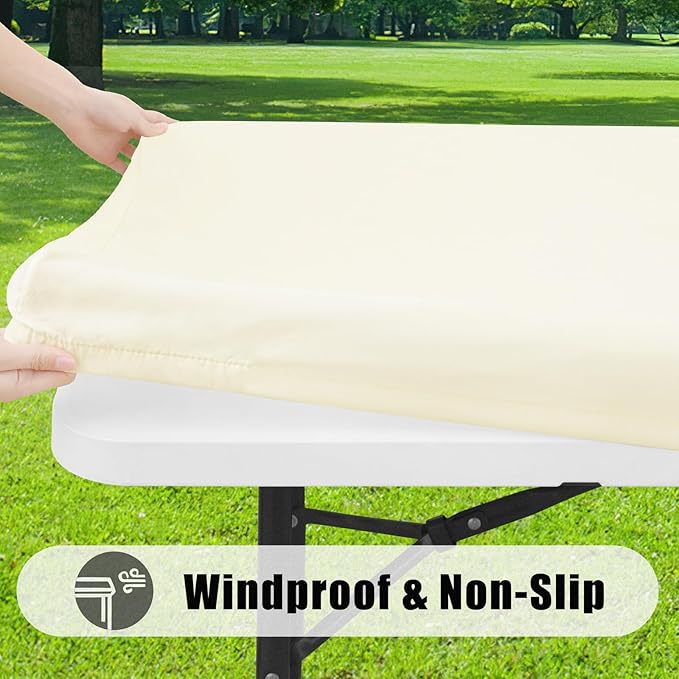 Smiry Rectangle Picnic Table Cloth, Waterproof Elastic Fitted Tablecloths for 5 Foot Tables, Washable Polyester Table Cover for Camping, Indoor and Outdoor (Beige, 30"x60")
