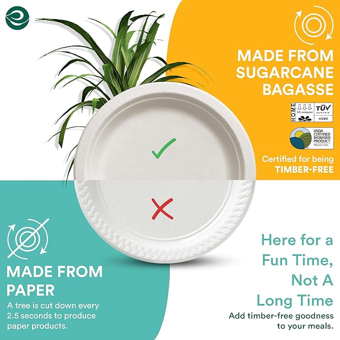 ECO SOUL 9 Inch Compostable Disposable Paper Plates [400 Pack] Food Safe 100% Virgin Bagasse Pulp Heavy Duty Biodegradable Microwave Safe Large Round Dinner Plate for Party, Picnic & BBQ (White)