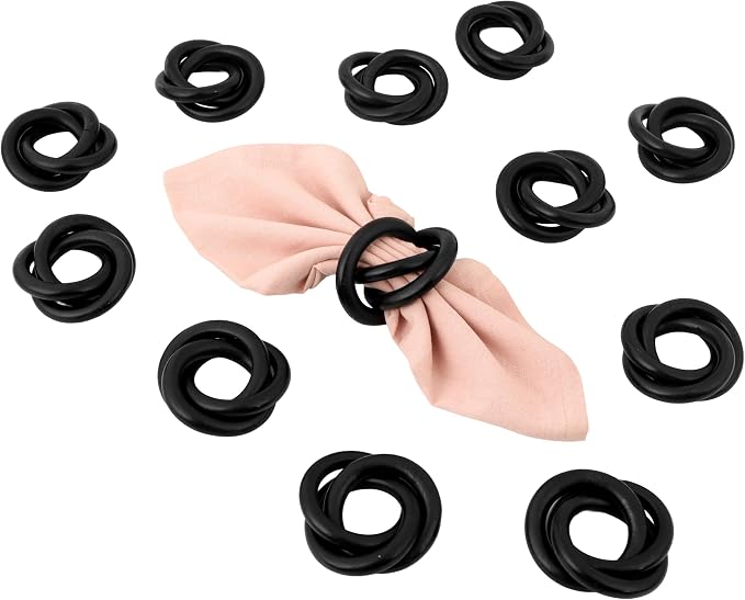 Triple-Ring Wood Napkin Rings, matte black finish, interlocked cuff style - Image 7