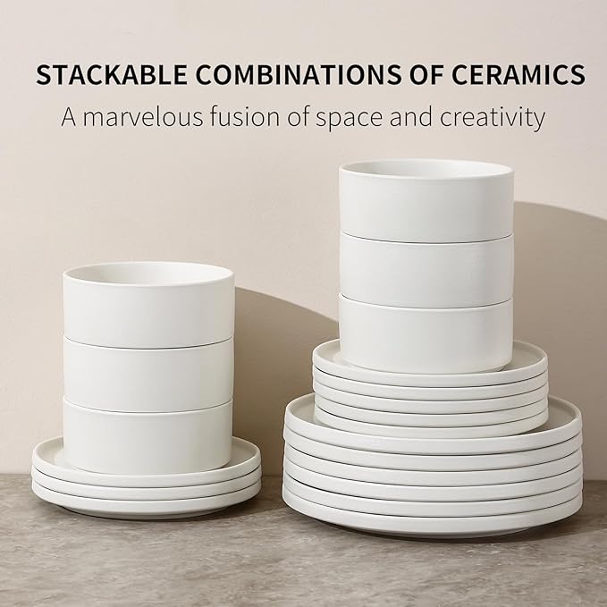 GZG Classic Series - Plates and Bowls Set for 8, 24 Piece Stoneware Dinnerware Sets, Microwave and Dishwasher Safe Lead-Free Handcrafted Ceramic Dishes Set - Ivory White