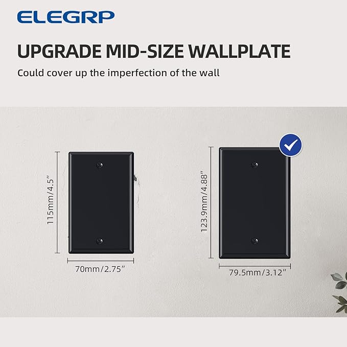 ELEGRP 1-Gang Blank Device Wall Plates, Mid-Size 4.88" H x 3.13" L Unbreakable Thermoplastic Blank Faceplate Cover for Unused Outlets/Switches, UL Listed (1 Pack, Glossy Black)
